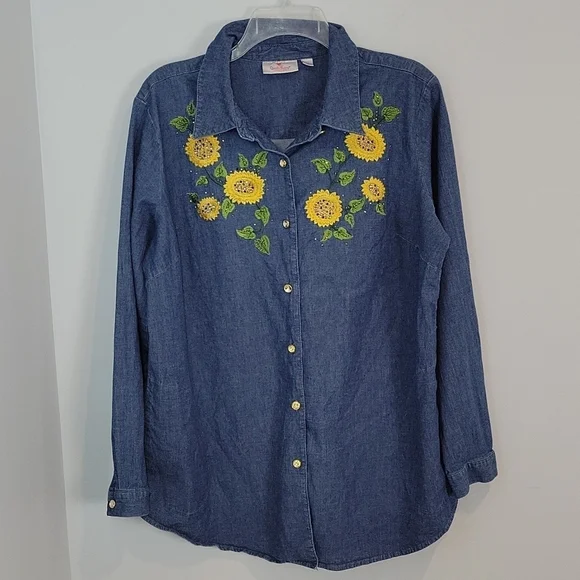 Quacker Factory SUNFLOWER  embroidered rhinestones shirt Size Large Button Down - Picture 2 of 13